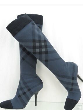 Burberry Navy Plaid Stretch Knit Knee-High Heeled Boots